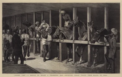 Essenszeit, eine Skizze an Bord eines Transportschiffs, das indische Truppen von Malta nach Indien bringt